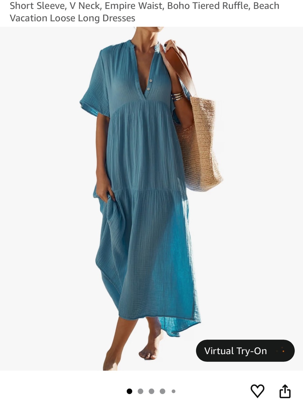 Blue Crinkle V-Neck Empire Waist Tunic Dress